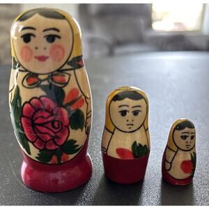 Set of 3 Wooden Painted Russian Golden Cockerel Nesting Doll Stacking Vintage
